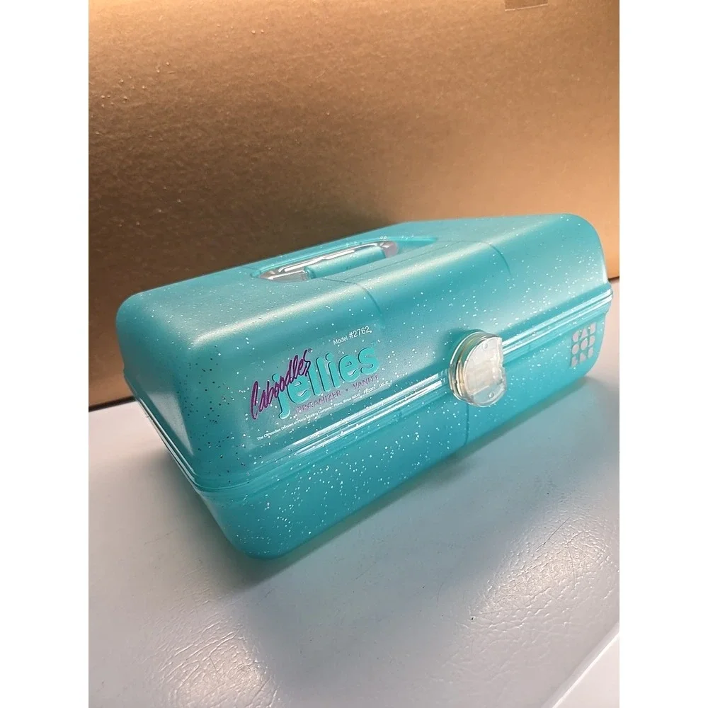 Vintage Caboodles Jellies Organizer Vanity Teal Blue Glitter Makeup Case 2762
